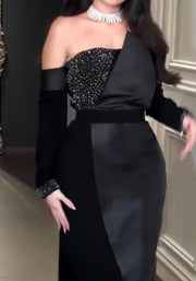 Solid Color Fashion Sequined Long Sleeve Patchwork Long Dress
