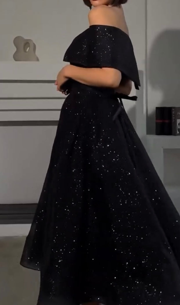 Light Luxury Minority Elegant Black off-Shoulder Evening Dress