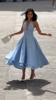 Fashion Halter Backless Pure Color Ruffles Large Swing Dress