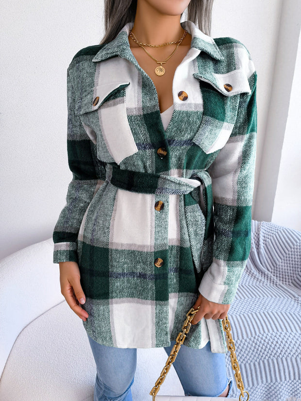 Casual Contrast Color Plaid Long Sleeve Tied Thick Woolen Coat