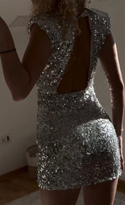 Sleeveless Shoulder Sequins Slim-Fit Hip-Wrapped Short Dress