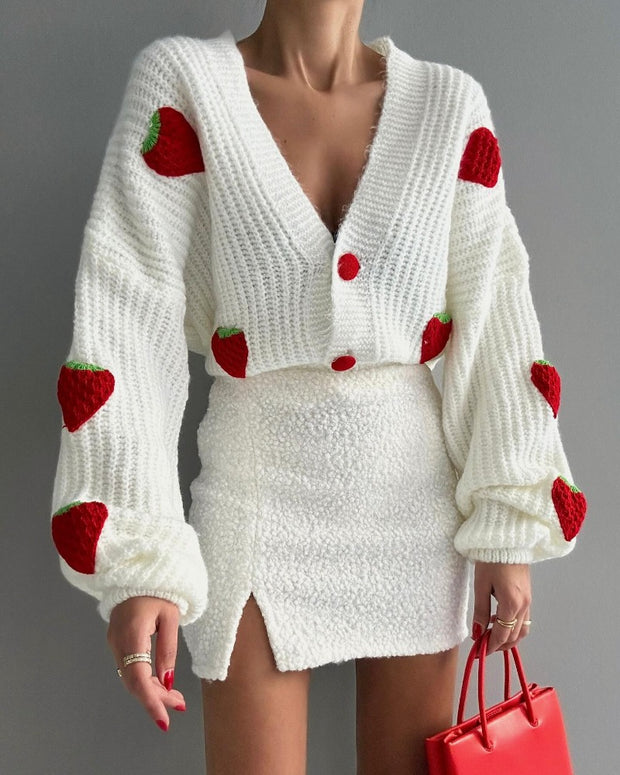 Autumn print strawberry knit deep V long sleeve coat