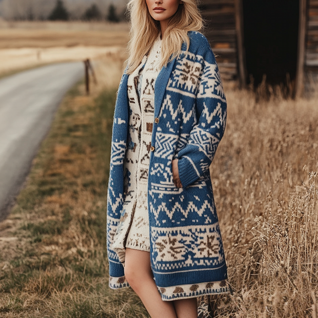 Women's Vintage Western Aztec Print Patterns Blue Long Sleeved Woolen Coat Jacket