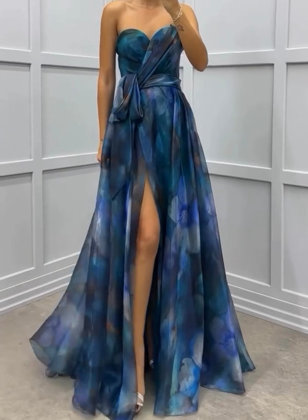 Summer Sleeveless Tube Top Waist Trimming Printing Dress