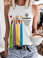 Retro Hippie Imagine All The People Living Life In Peace Print Tank Top