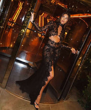 Sexy Fashion Lace Hollow out High Slit Slim Long Sleeve Dress