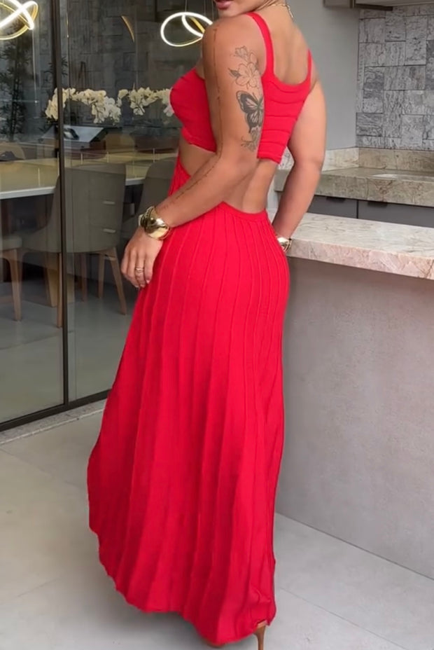 Temperament Elegant V-neck Sleeveless Hollow Backless Pleated Dress