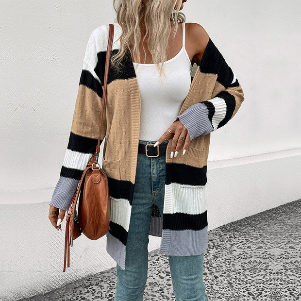 New Autumn Women's Clothing Long Colorblock Sweater Coat Women