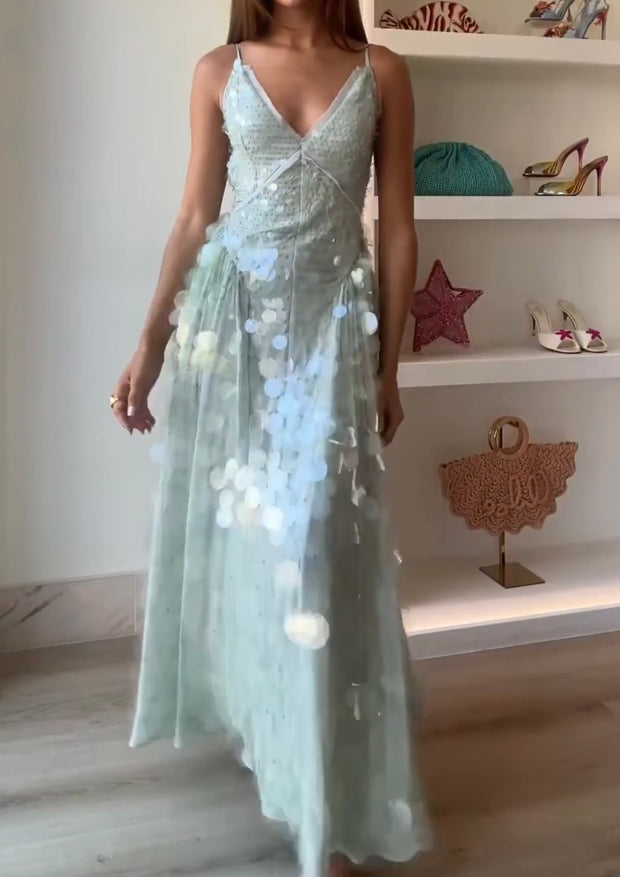Sexy V-neck Brace Large Sequins Backless Dress