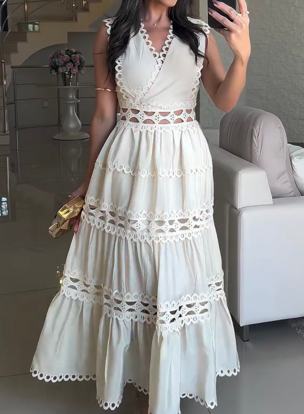 Dignified Hollow Embroidered V-neck Slimming Long Dress