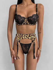 Sexy Leopard Print Stitching Lace See-through Sexy Lingerie Three-piece Set