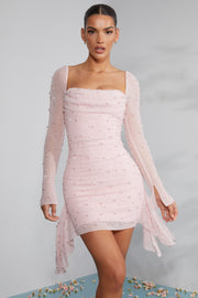 Long Sleeve Embellished Cowl Neck Mini Dress in Blush