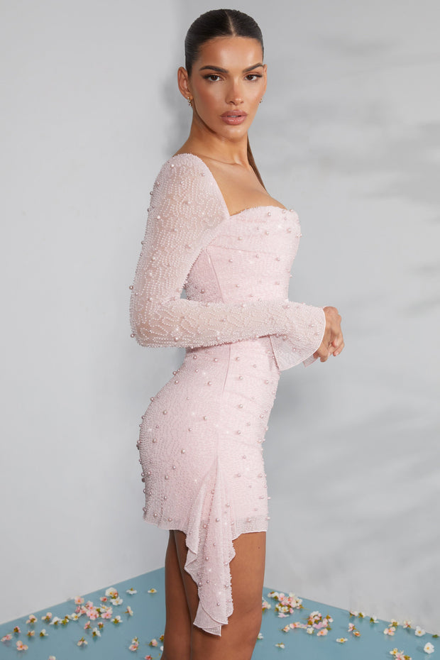 Long Sleeve Embellished Cowl Neck Mini Dress in Blush