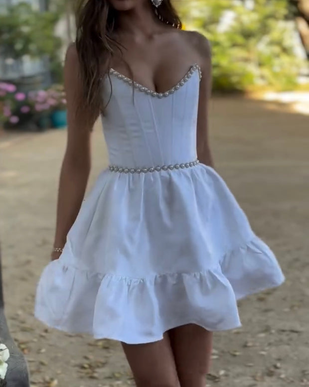 Solid Color Pearl Tube Top Hem Skirt