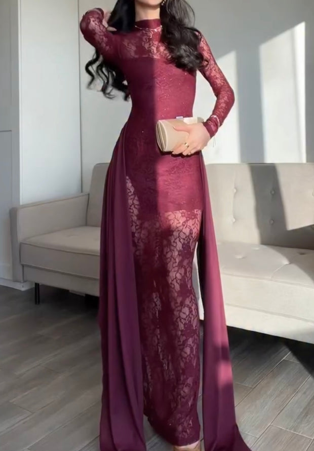 Lace Backless Long Sleeves Lace-up Elegant Evening Dress