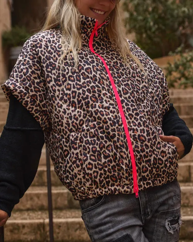 Women's leopard-print quilted jacket vest