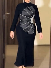 Elegant Heavy Industry Beads Diamond Long Sleeve Long Dress