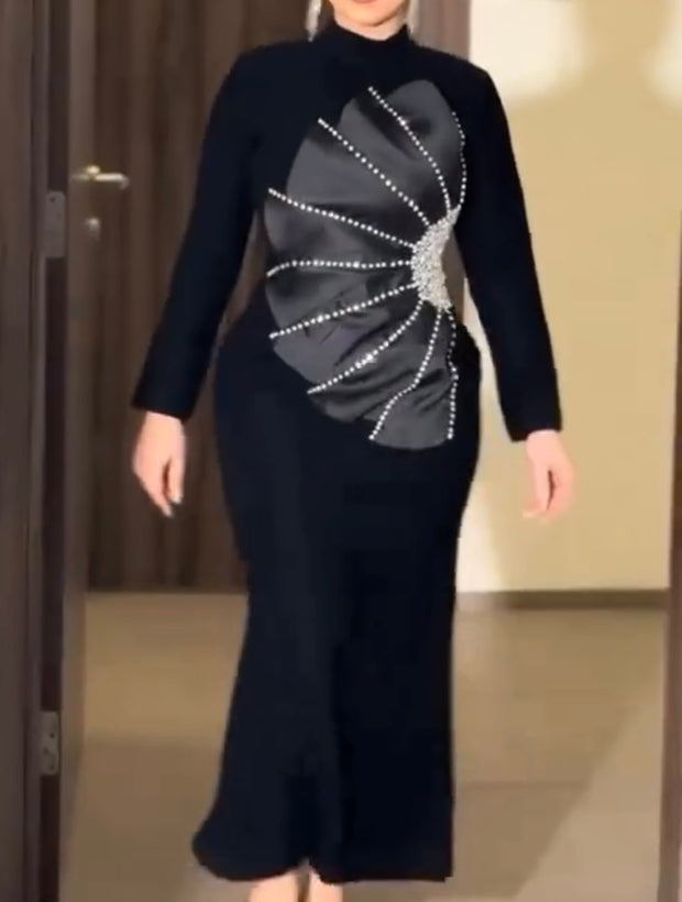 Elegant Heavy Industry Beads Diamond Long Sleeve Long Dress