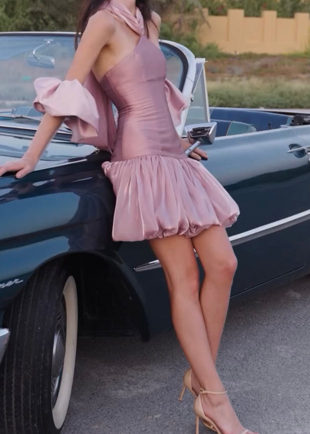 Sexy Halter Ice Silk Puff Sleeve Pettiskirt