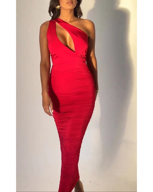 Sexy red slim slim dress with hip wrap