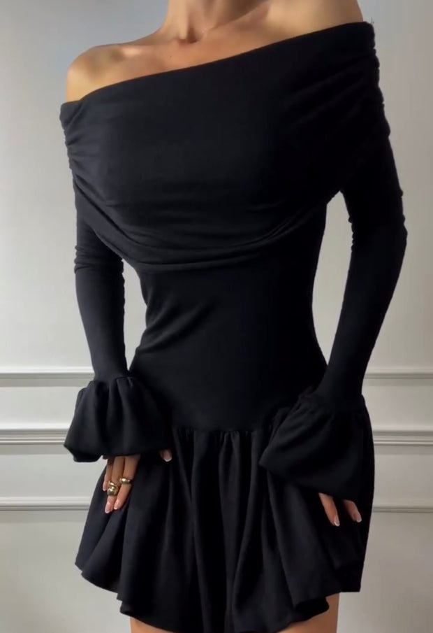 Off-Neck Pleated Satin Flared Sleeves Puffy High Waist Dress