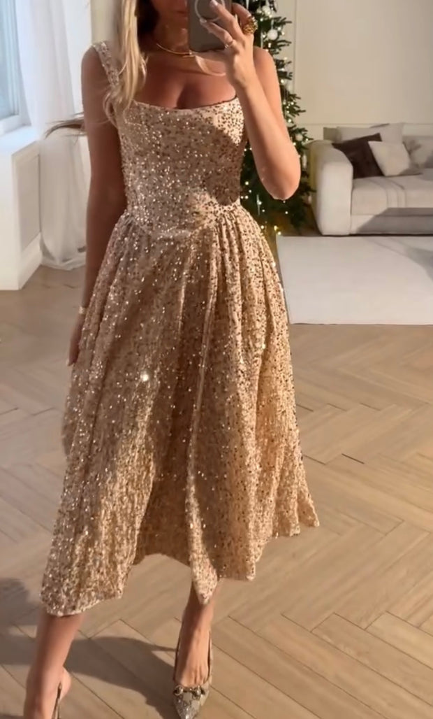 Sexy Sling Square Collar Sequins Dress