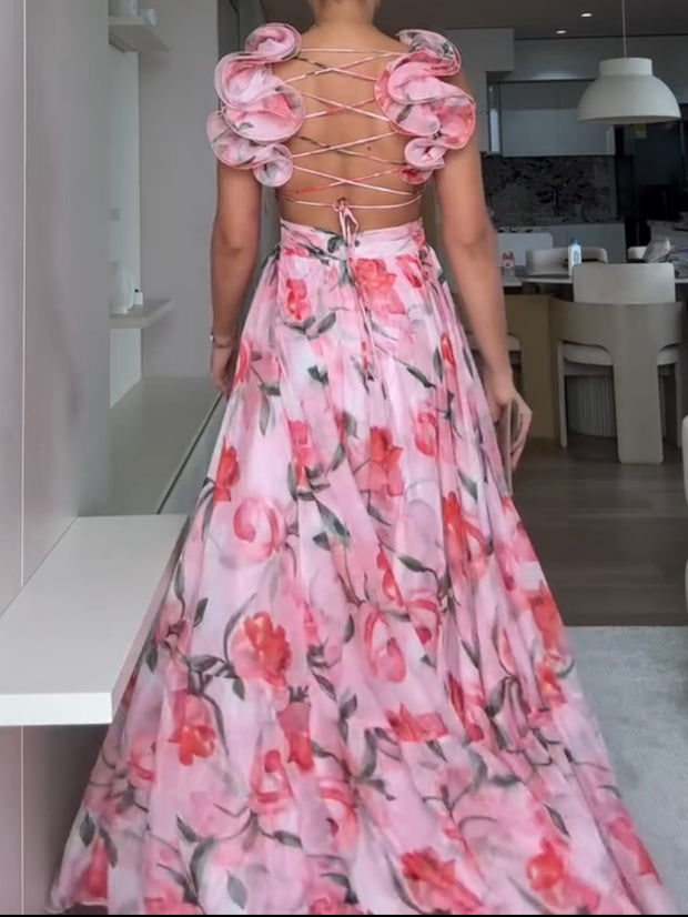 Sexy Elegant Sling Pleated Print Dress