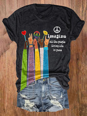 Retro Hippie Imagine All The People Living Life In Peace Print T-Shirt