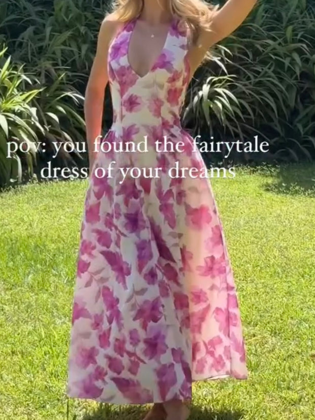 Elegant V-neck Halter Printed Waist-Controlled Large Swing Dress