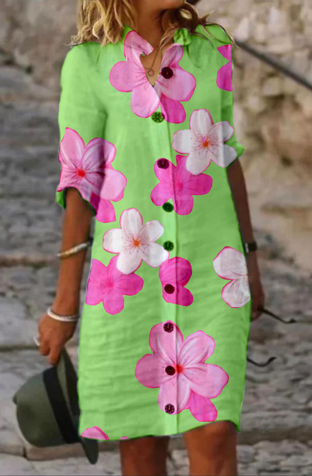 Pink Flower Plain Cotton Casual Dress