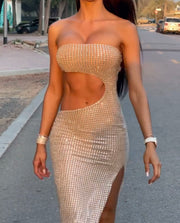 Hot Girl Style Fashionable Sequins Split Sexy Hollow Dress