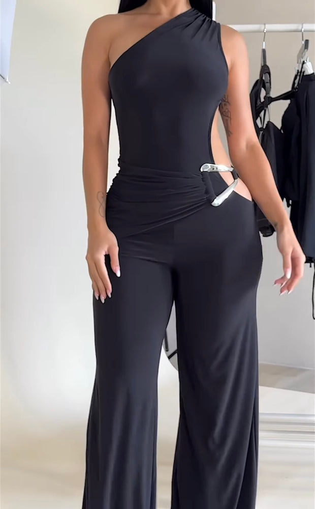 Fashion Oblique Shoulder Hollow Metal Decoration Slim Fit Bodysuit