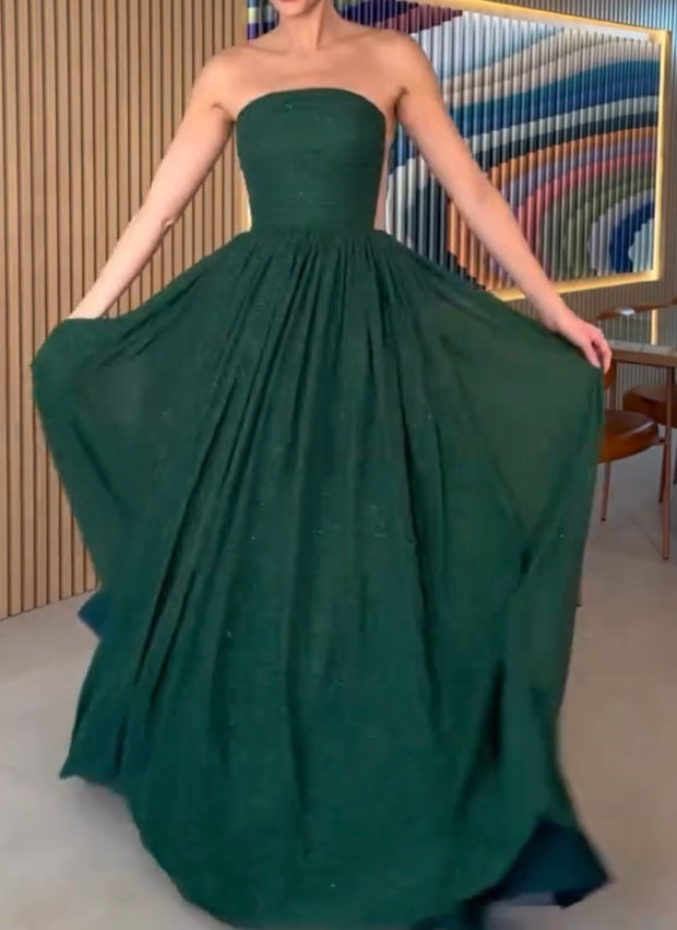 Elegant Tube Top Backless Pleated Large Hem Shiny Dress