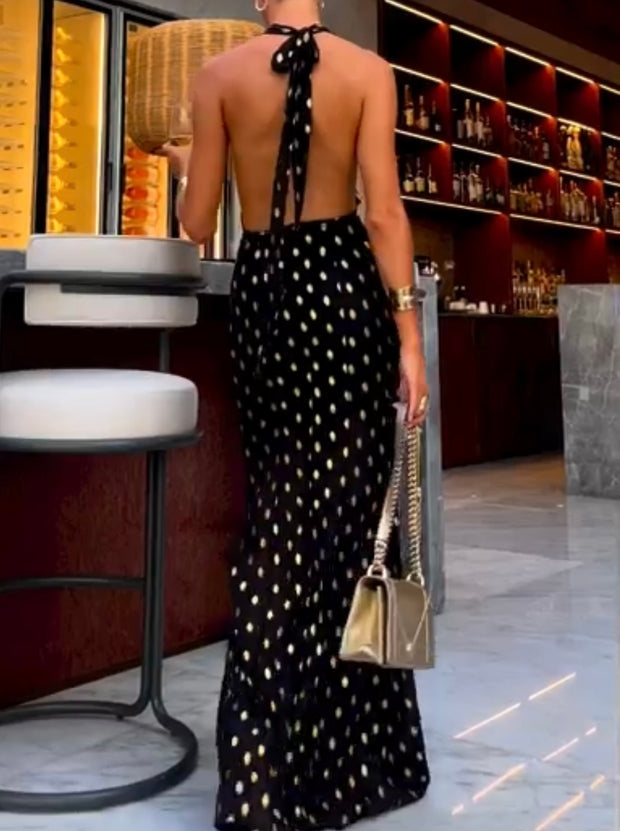 Polka Dot Printed Lace up Halter Sexy Sheath Dress