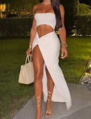 Solid Color Sexy Cutout Navel Wrapped Chest Slit Skirt