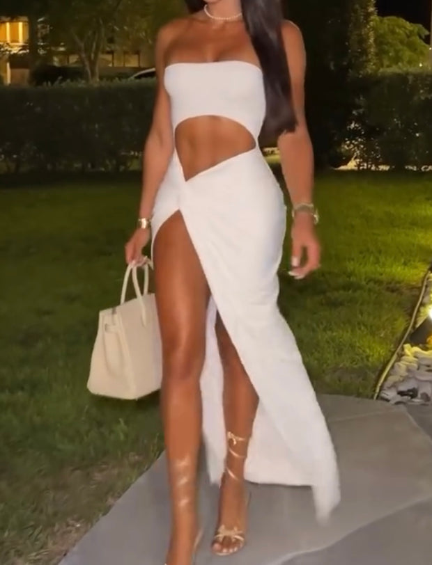 Solid Color Sexy Cutout Navel Wrapped Chest Slit Skirt