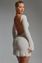 Embellished Open-Back A-Line Mini Dress in White