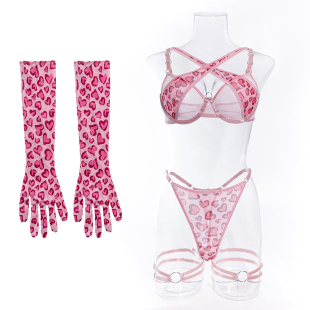 Leopard Print Metal Chain Sexy Lingerie Suit With Gloves Leg Ring Valentine's Day Gift