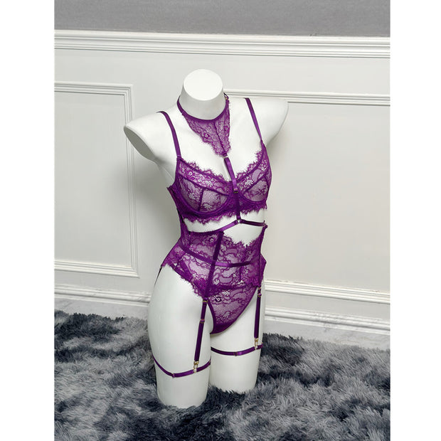 Purple Women's Underwear Halter Lace Push Up Bra Set