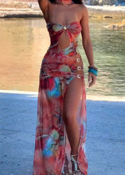 Sexy Cutout Chest Wrap Printed Mesh Dress