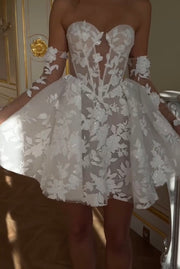 Long Sleeve Short Dress Lace Flower Waist-Tight Dress