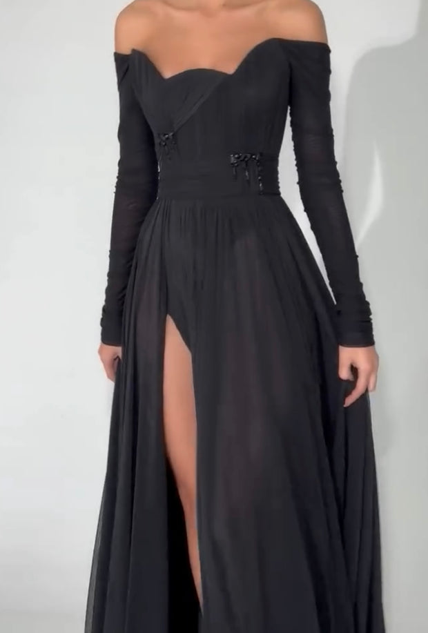 off-Shoulder Mesh Waist Shaping High Slit Long Sleeve Dress