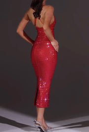 Tight-Fitting Cinched V-neck Sequins Long Dress