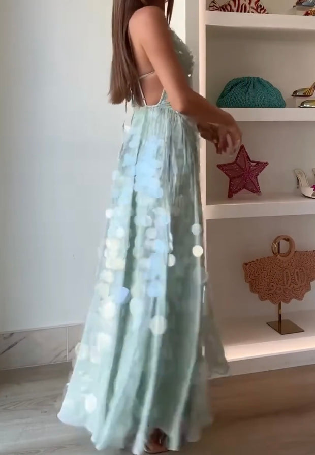 Sexy V-neck Brace Large Sequins Backless Dress