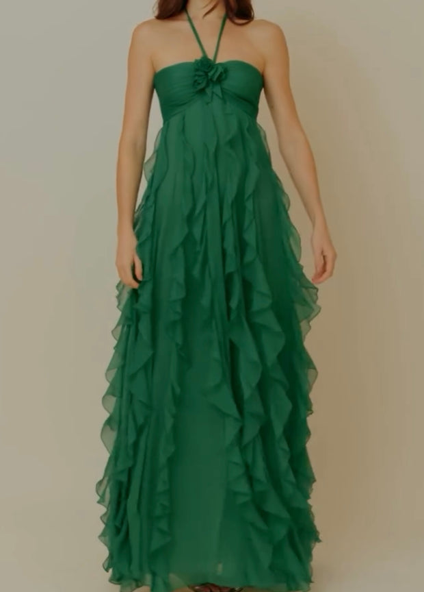 Halter Backless Ruffled Stitching Dress