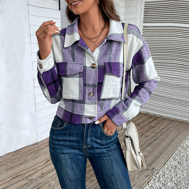 Popular Autumn and Winter Women's Cardigan Plaid Long Sleeve Shirt Coat