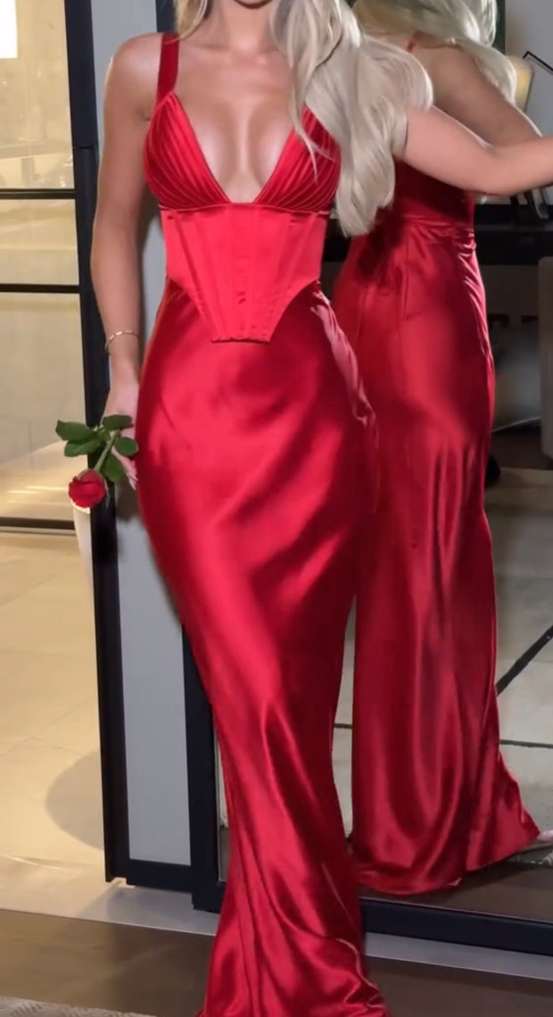 Sexy V-neck Fishbone Temperament Camisole Slim Fit Backless Satin Dress