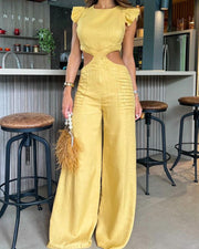 Solid color flying sleeve cutout waist jumpsuit wide leg pants