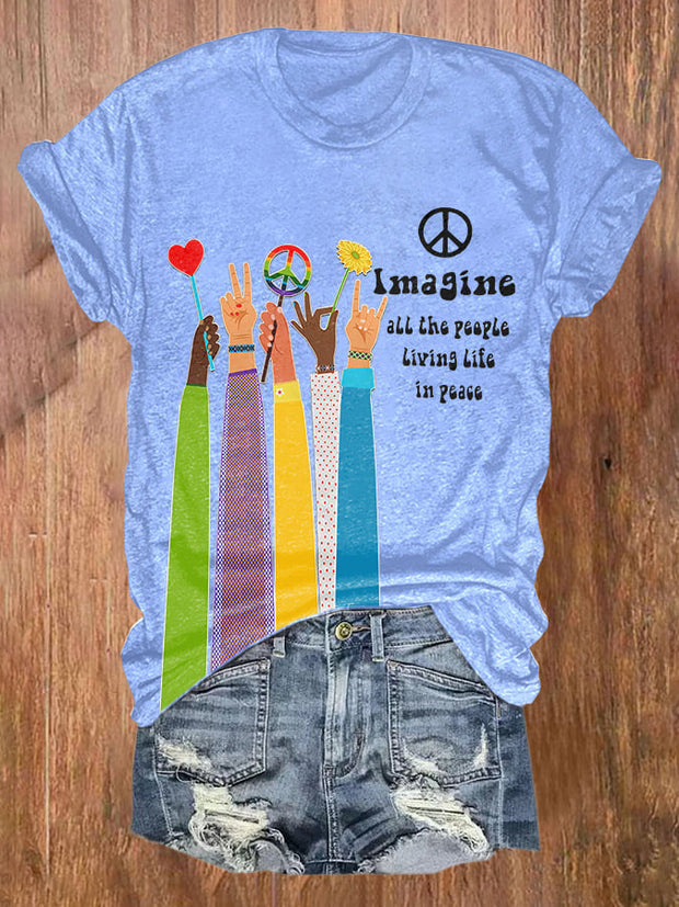 Retro Hippie Imagine All The People Living Life In Peace Print T-Shirt