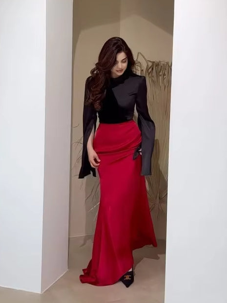 Sexy Lengthened Slim Fit Contrasting Color of Black and Red Temperament Dress